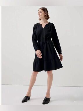 Pact Black Long-Sleeve Tiered Drawstring Dress NWOT Size L organic cotton